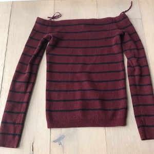 Burgundy striped off the shoulder knitted shirt